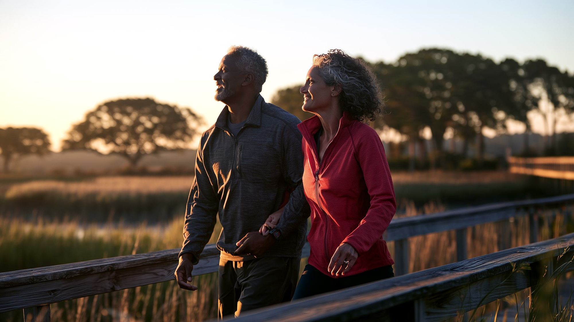 A smiling couple walking a boardwalk over a Bluffton salt marsh at sunrise