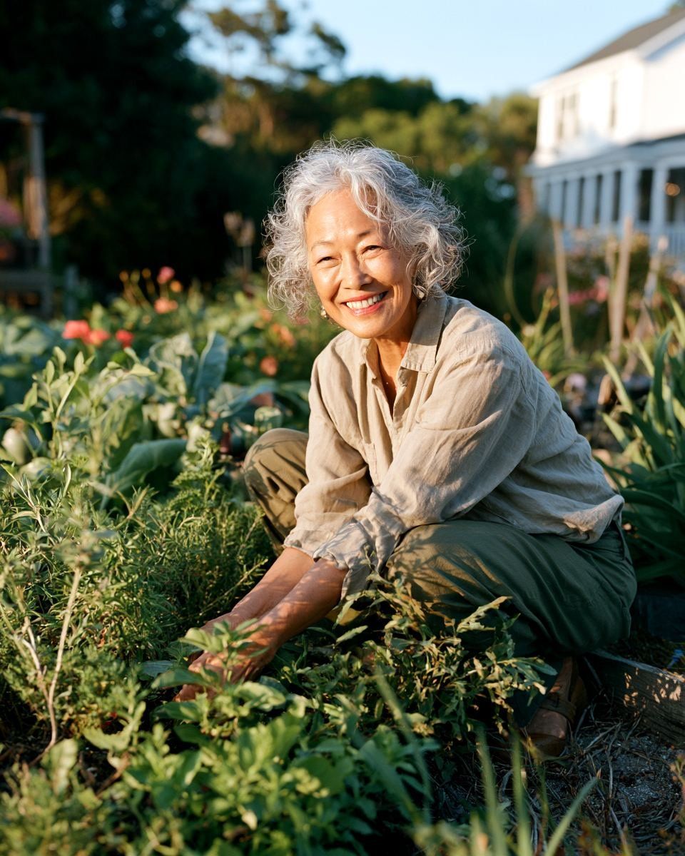 A smiling older woman kneeling comfortably in a sunny garden